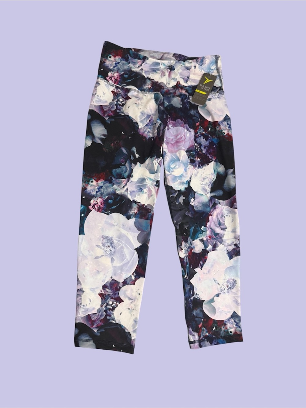 High Rise Fitted Cropped Leggings Medium Old Navy Active Go Dry Purple Roses NWT